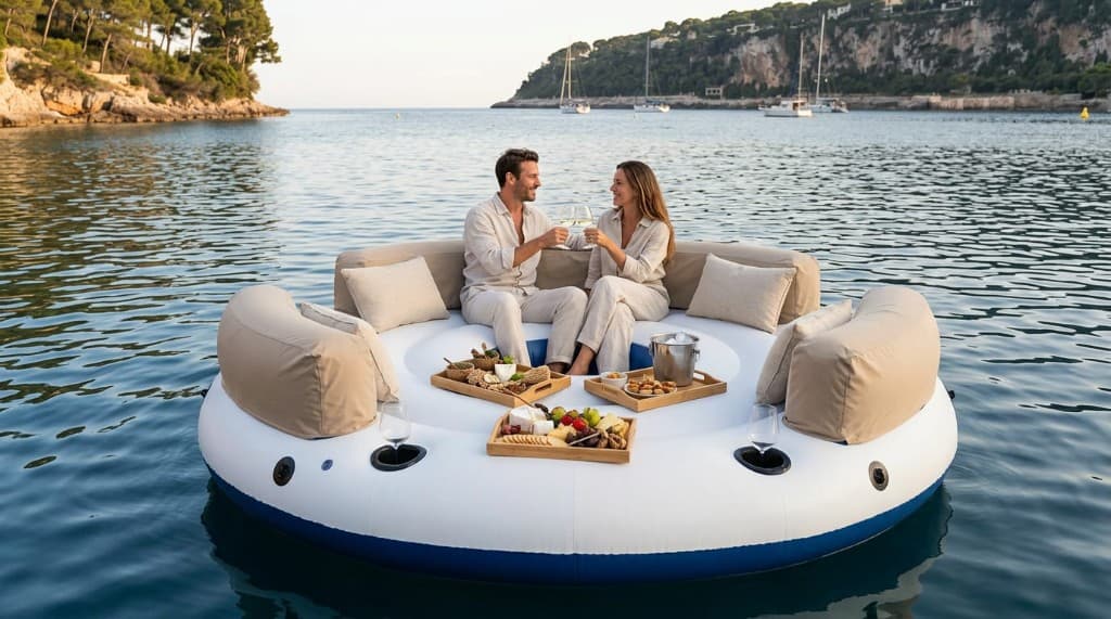 Couple sur un pique-nique flottant dans une crique de la Côte d'Azur