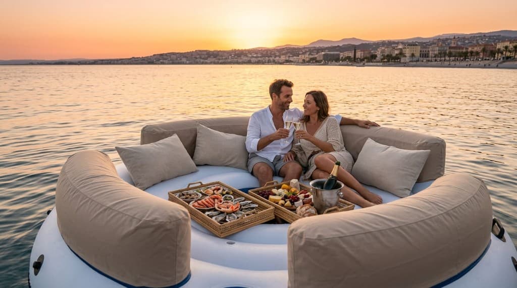 Floating Picnic au coucher du soleil face à Nice — pique-nique sur l'eau